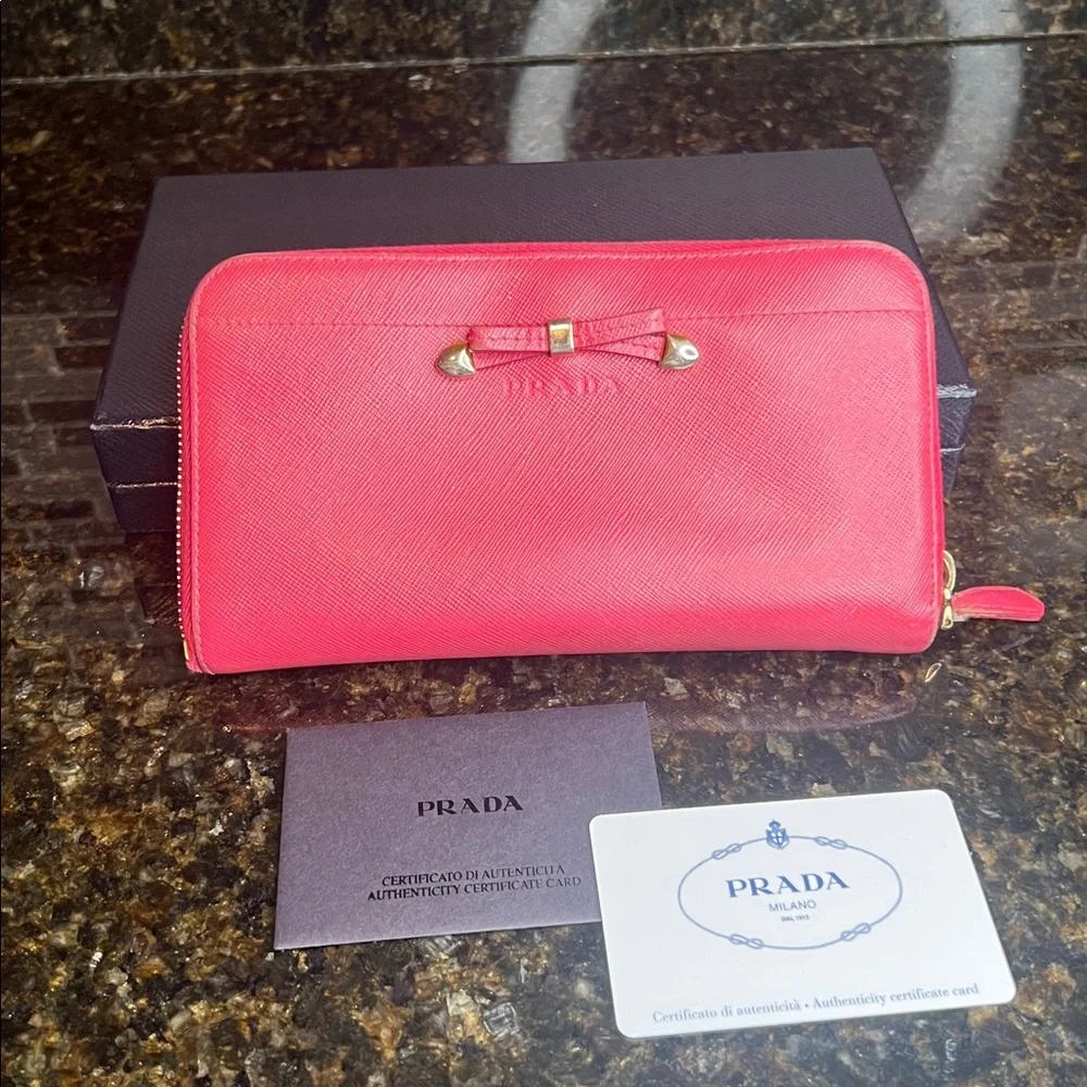 Prada Saffiano Bow Leather Zip Wallet